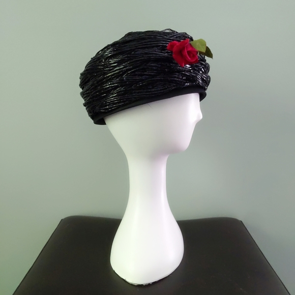 Vintage Jean Pierre Paris New York Shiny Straw Turban Pillbox Hat with Roses - Picture 3 of 9